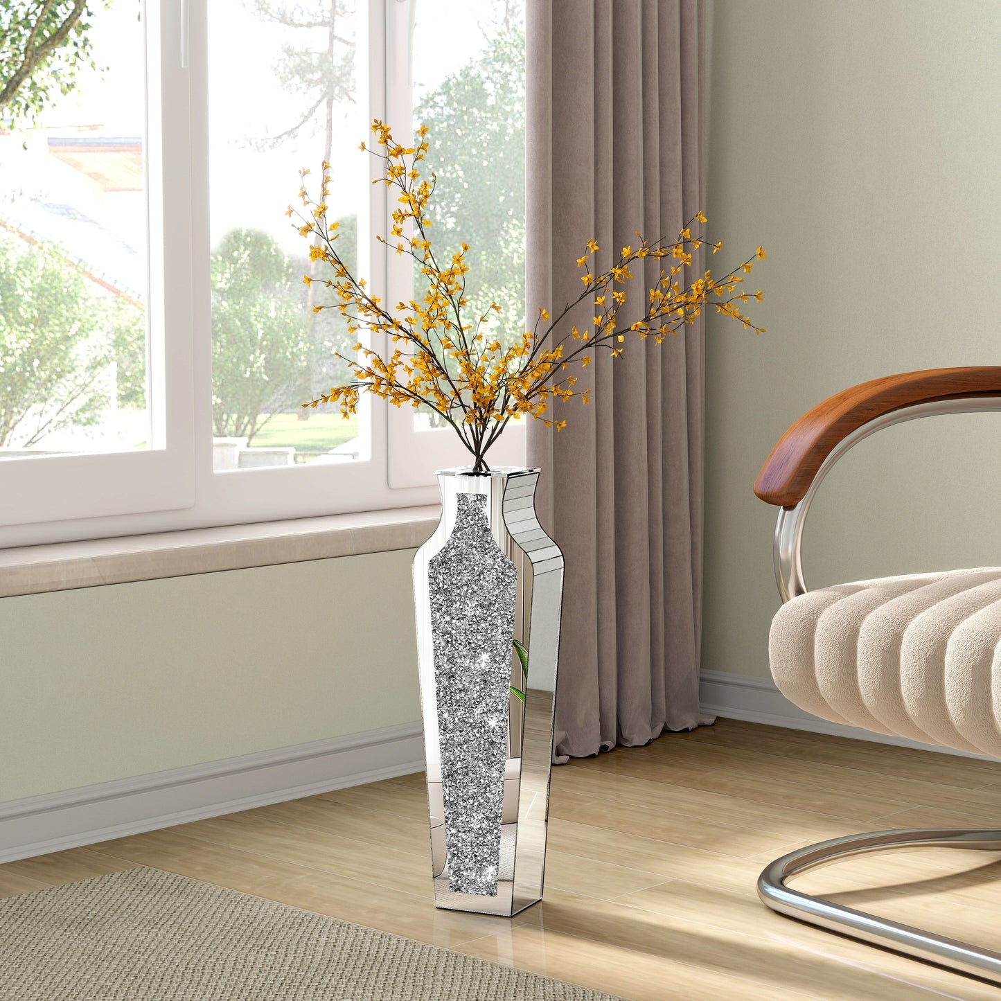 Grand vase de sol en verre concassé et décoré de diamants