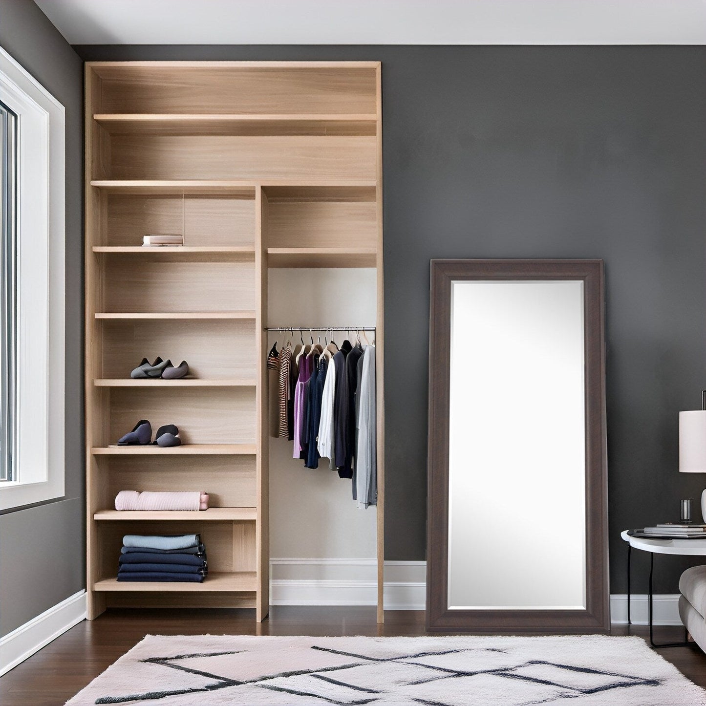 Grand miroir, miroir pleine taille, miroir rectangulaire mural suspendu, avec cadre en faux bois lisse.