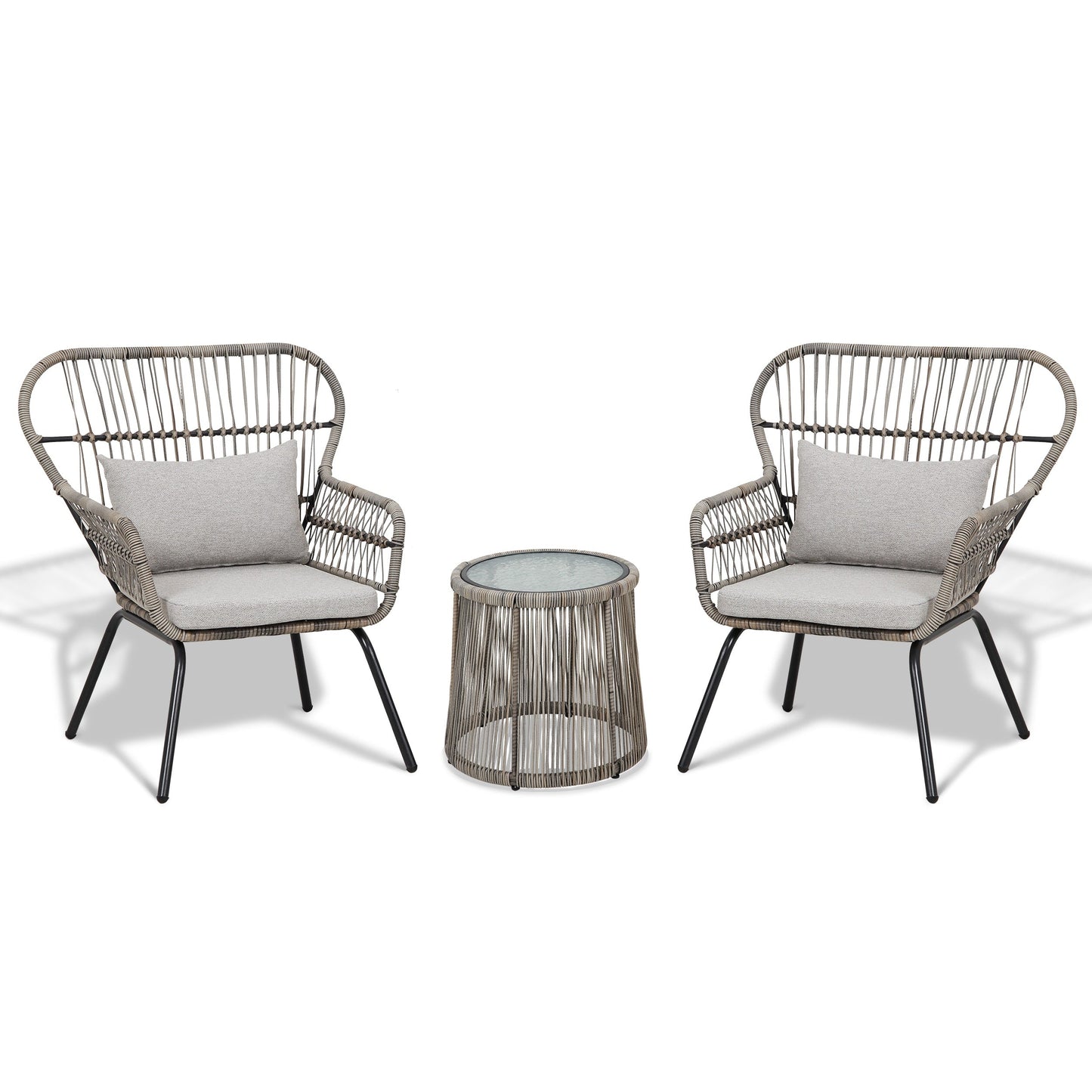 Ensemble de bistro en osier tressé pour extérieur, 3 pièces, ensemble de chaises de patio en rotin résistant aux intempéries avec coussins.
