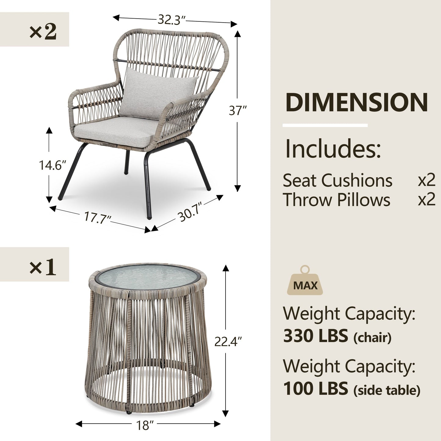 Ensemble de bistro en osier tressé pour extérieur, 3 pièces, ensemble de chaises de patio en rotin résistant aux intempéries avec coussins.