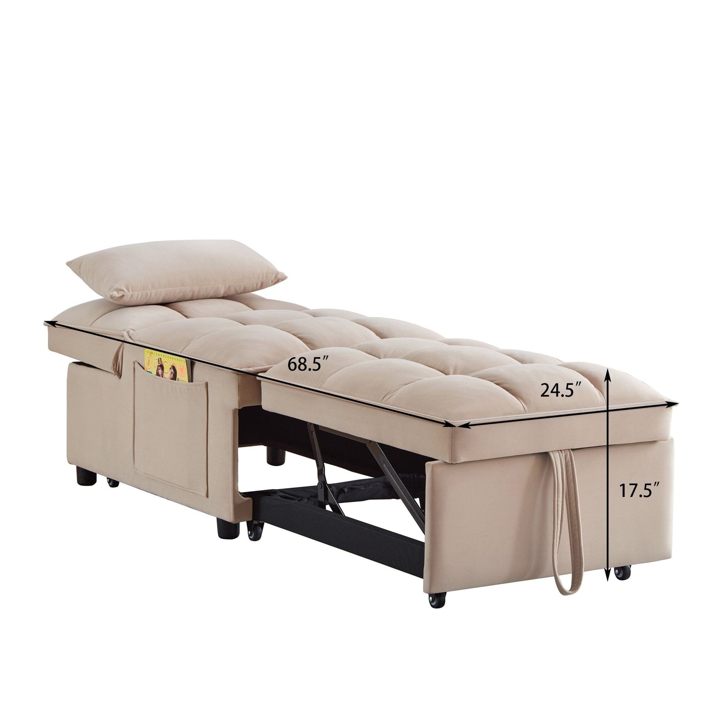 Canapé-lit simple pliante en velours taupe 68,5 avec dossier et coussins réglables pour salon