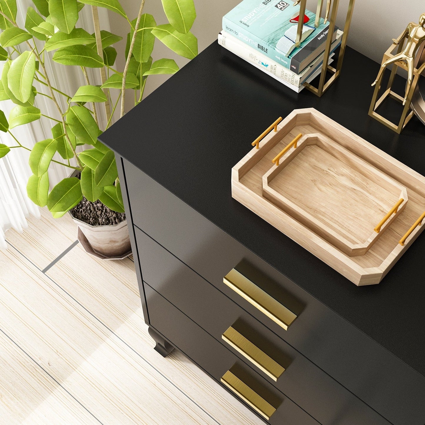 Commode double Timechee à 6 tiroirs, 120 cm de large, pieds en bois massif, laquée.