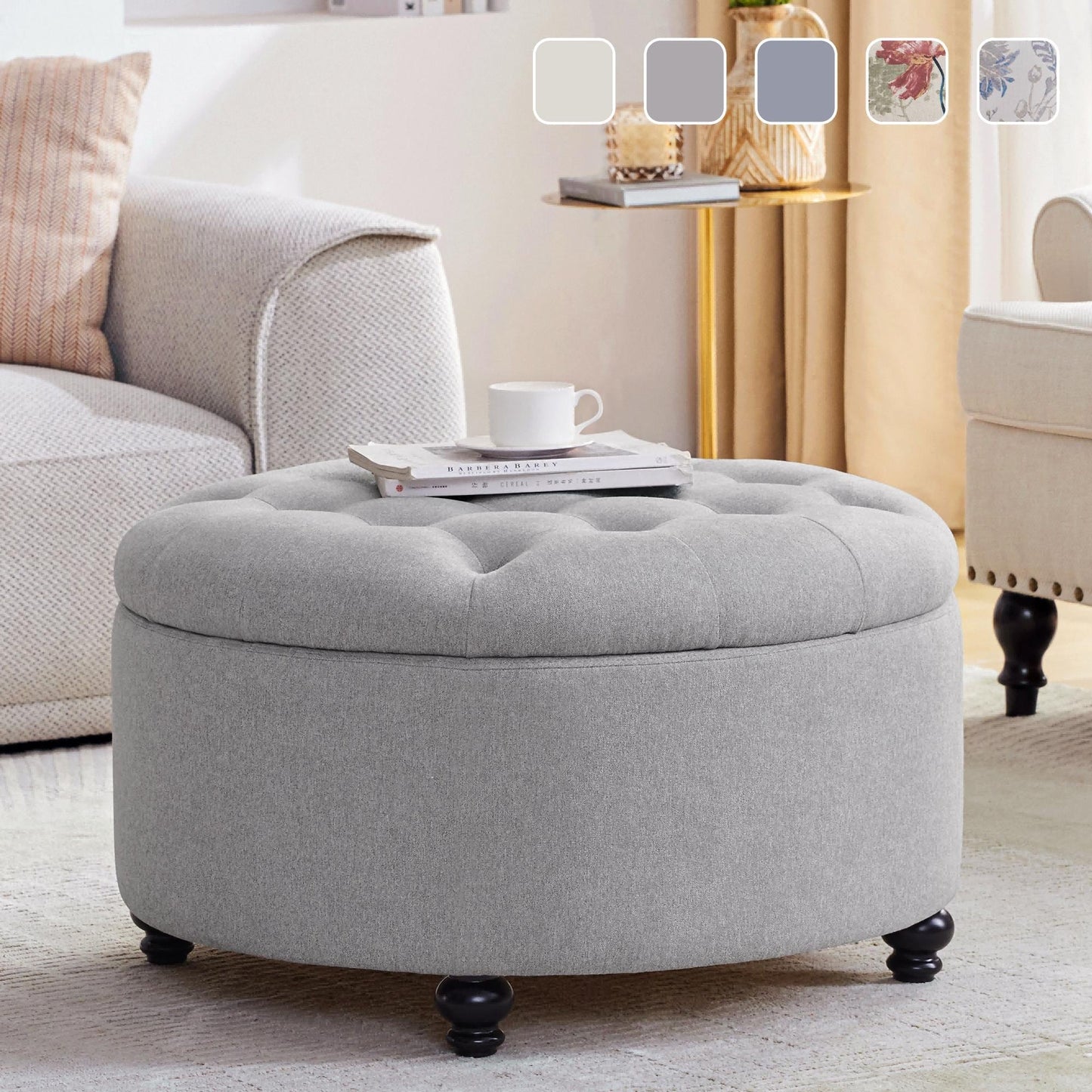 Tabouret de rangement rond capitonné, grand modèle, pied repose-pieds, beige/gris/bleu