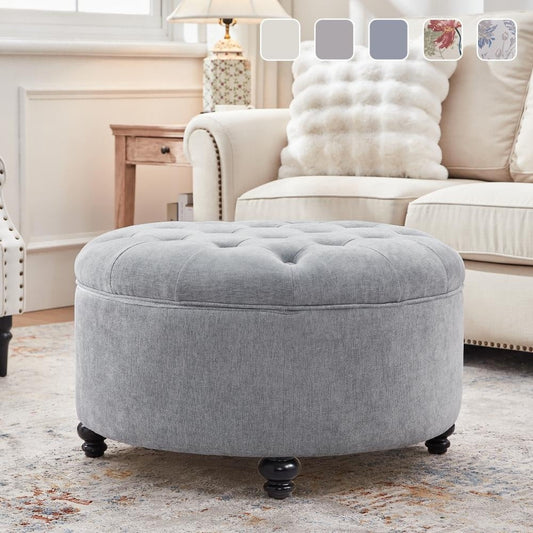 Tabouret de rangement rond capitonné, grand modèle, pied repose-pieds, beige/gris/bleu
