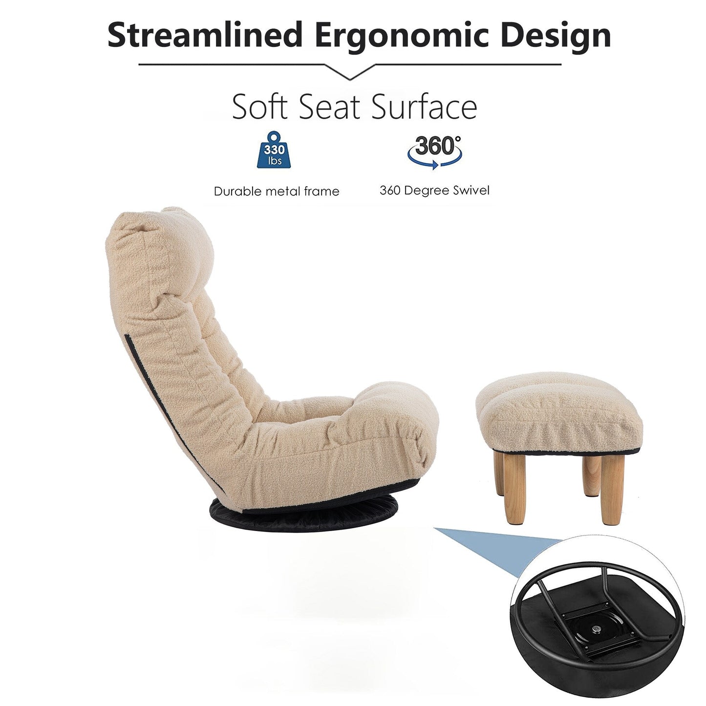 Ensemble de fauteuil inclinable sans accoudoirs, recouvert de tissu, avec repose-pieds et repose-tête réglable.