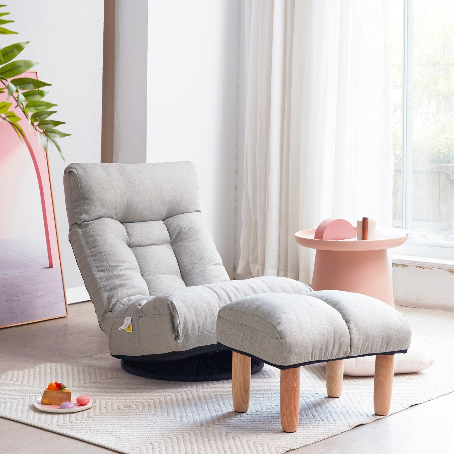 Ensemble de fauteuil inclinable sans accoudoirs, recouvert de tissu, avec repose-pieds et repose-tête réglable.