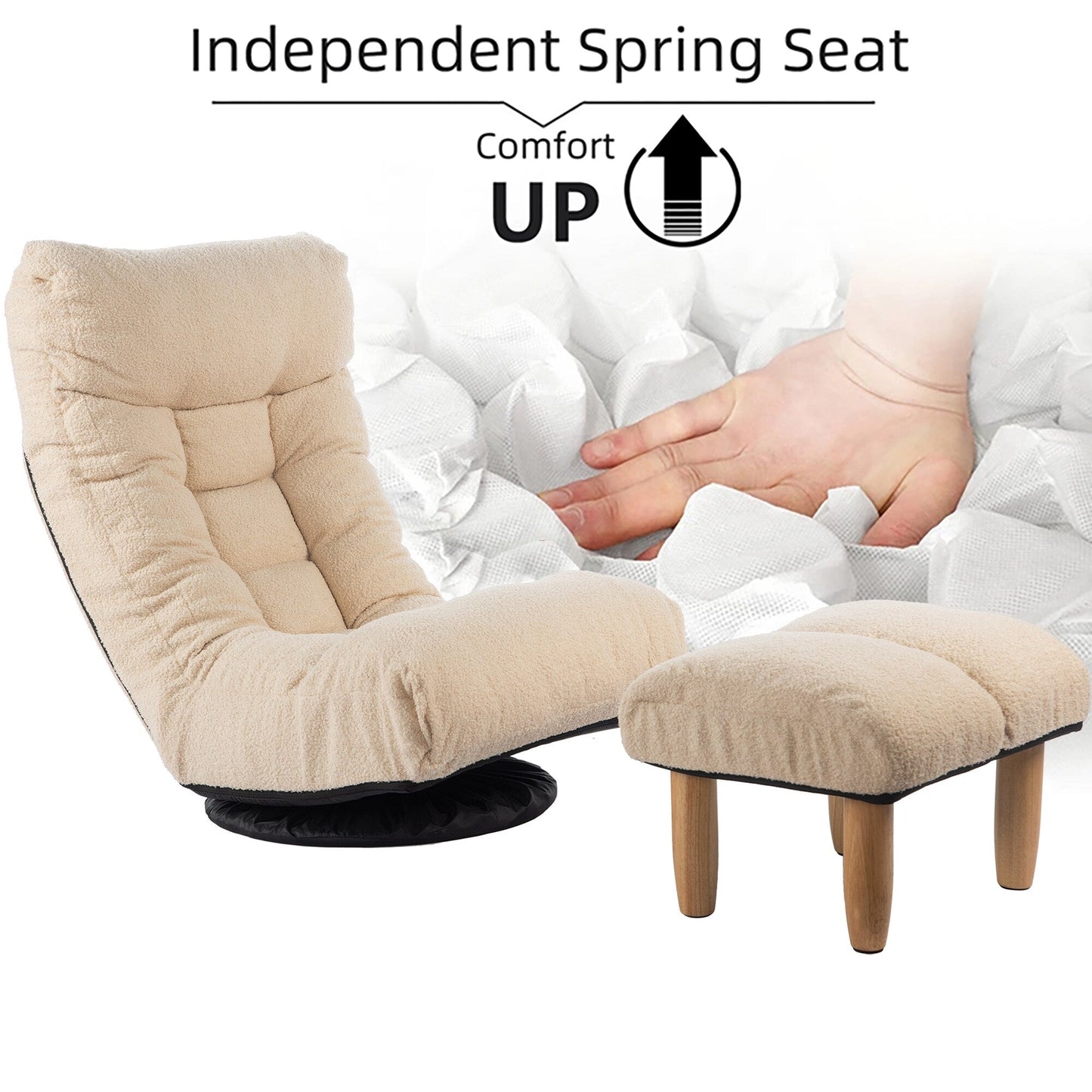 Ensemble de fauteuil inclinable sans accoudoirs, recouvert de tissu, avec repose-pieds et repose-tête réglable.