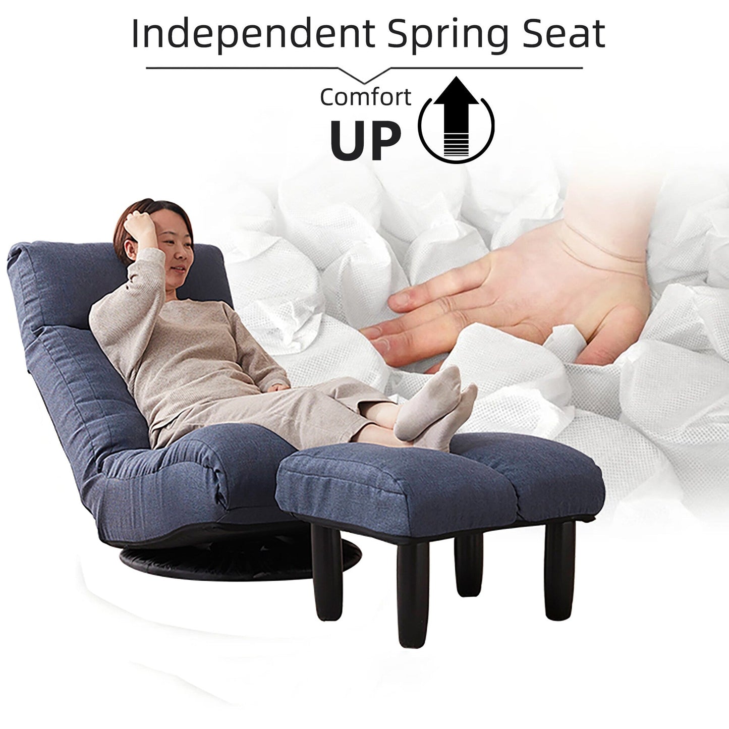 Ensemble de fauteuil inclinable sans accoudoirs, recouvert de tissu, avec repose-pieds et repose-tête réglable.