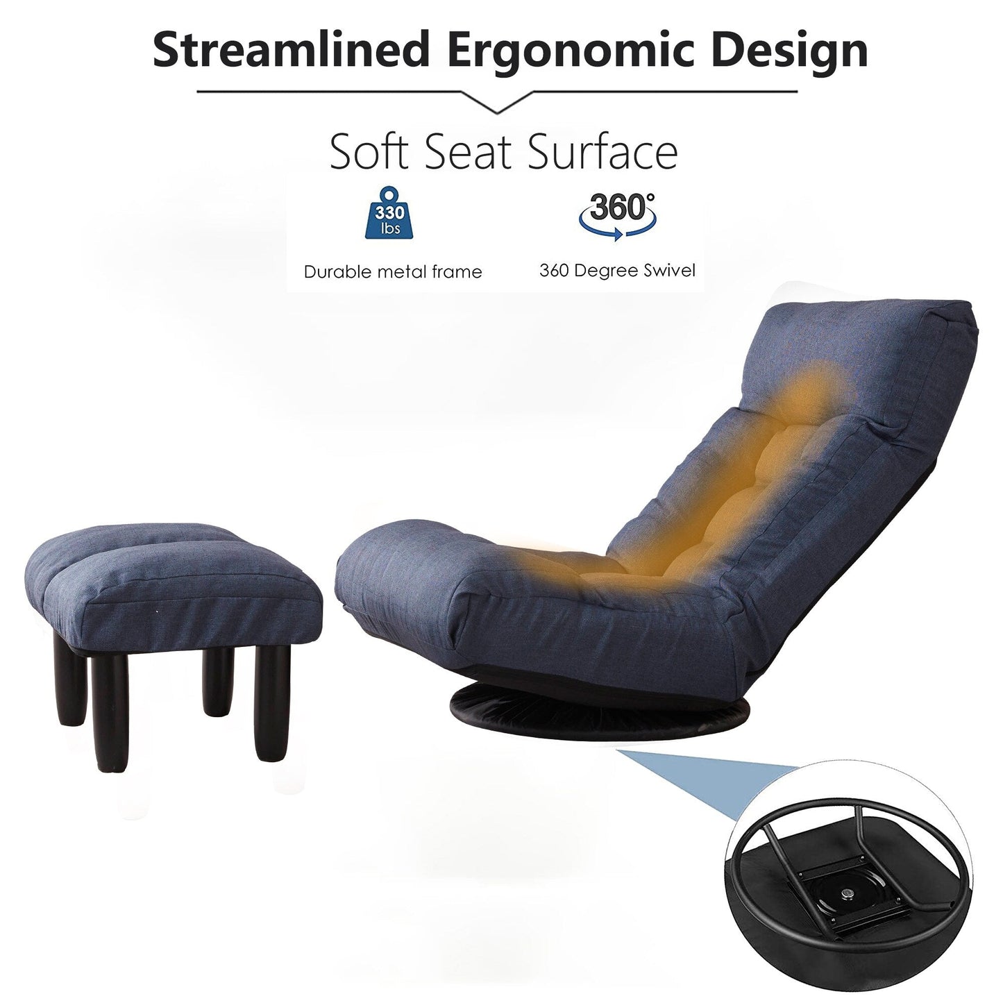 Ensemble de fauteuil inclinable sans accoudoirs, recouvert de tissu, avec repose-pieds et repose-tête réglable.