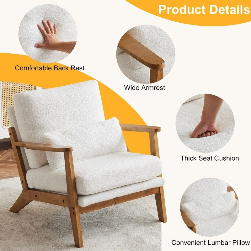 Fauteuil d'appoint en tissu mélangé de lin avec pieds en bois et un coussin beige.