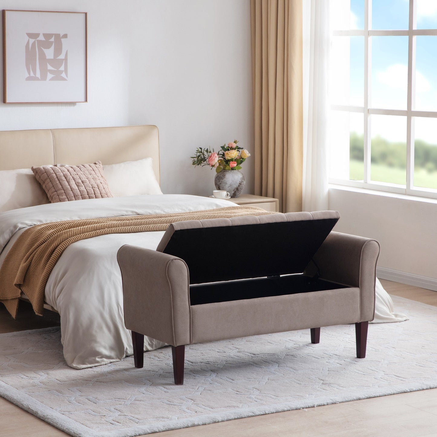 Banc de rangement capitonné, banc avec accoudoirs, banc d'entrée avec couvercle rabattable, 50,4 pouces.