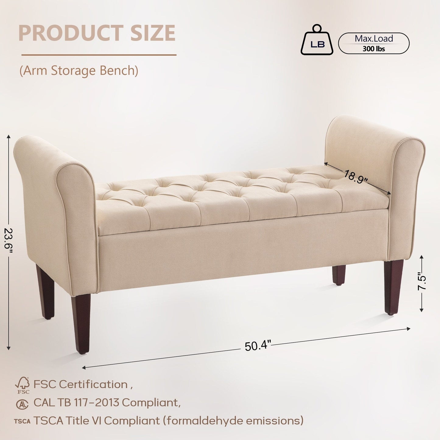 Banc de rangement capitonné, banc avec accoudoirs, banc d'entrée avec couvercle rabattable, 50,4 pouces.