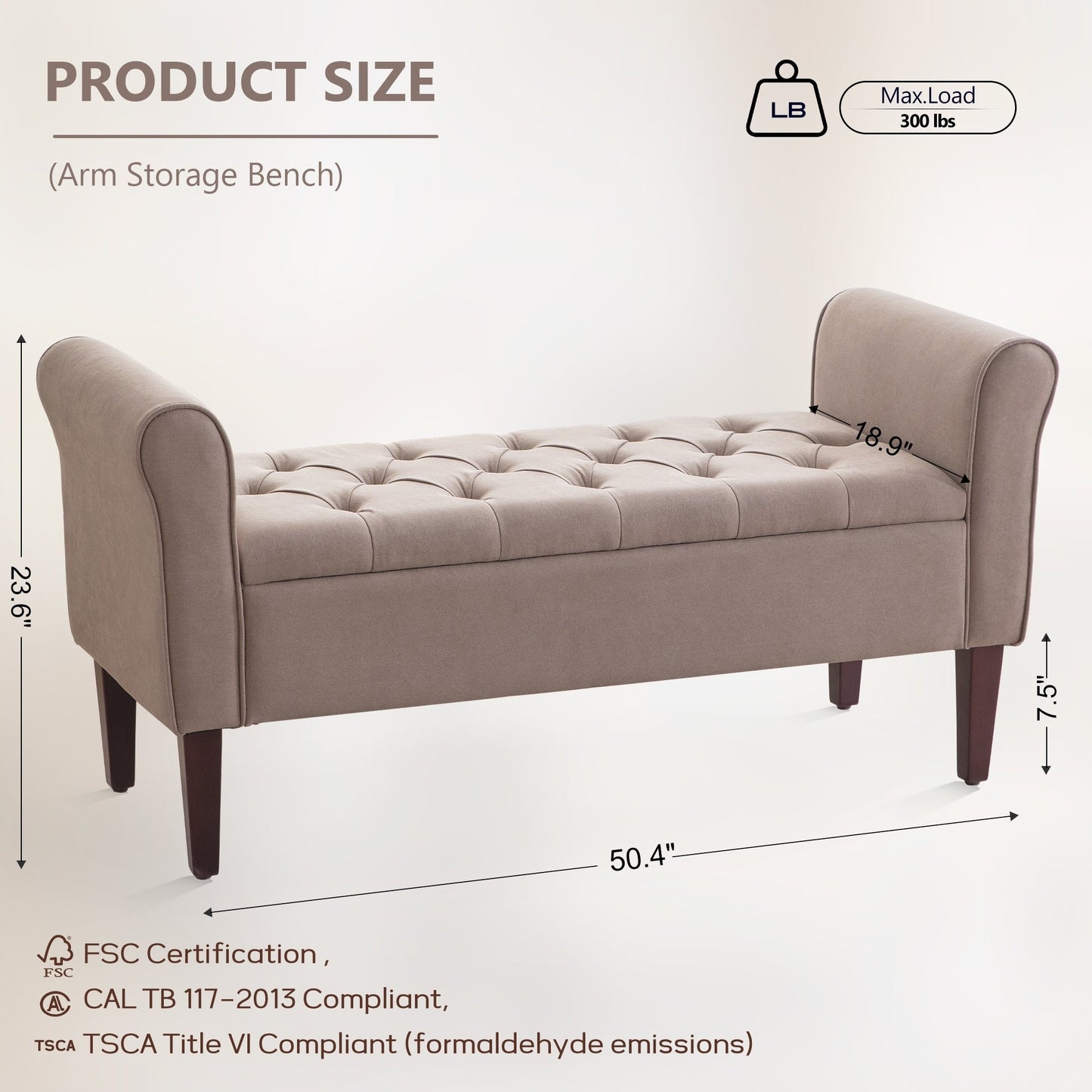 Banc de rangement capitonné, banc avec accoudoirs, banc d'entrée avec couvercle rabattable, 50,4 pouces.