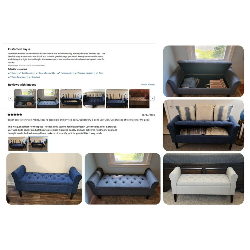 Banc de rangement capitonné, banc avec accoudoirs, banc d'entrée avec couvercle rabattable, 50,4 pouces.