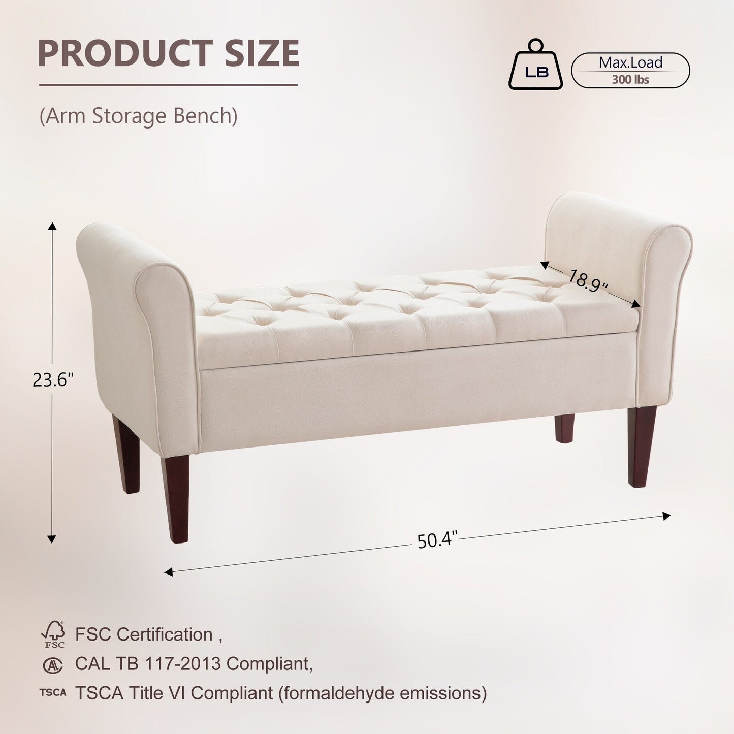 Banc de rangement capitonné, banc avec accoudoirs, banc d'entrée avec couvercle rabattable, 50,4 pouces.