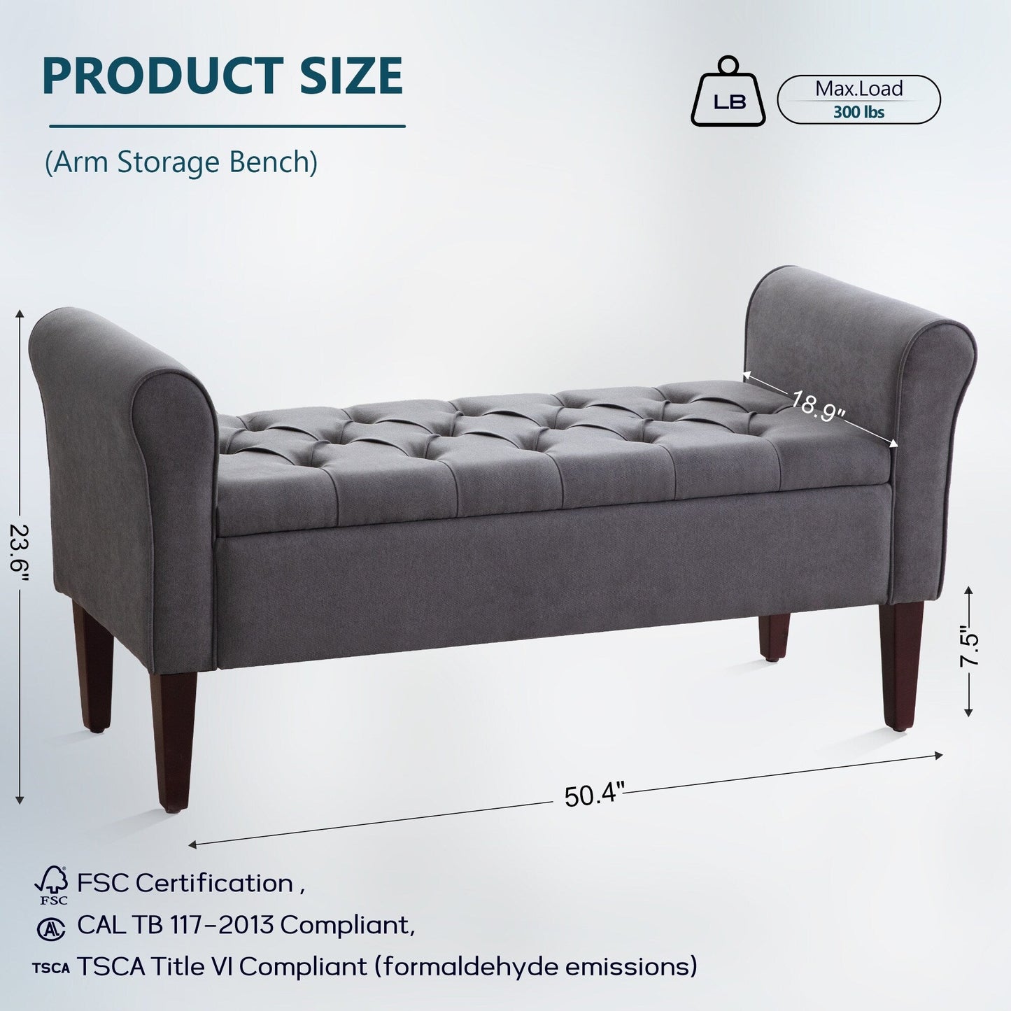 Banc de rangement capitonné, banc avec accoudoirs, banc d'entrée avec couvercle rabattable, 50,4 pouces.