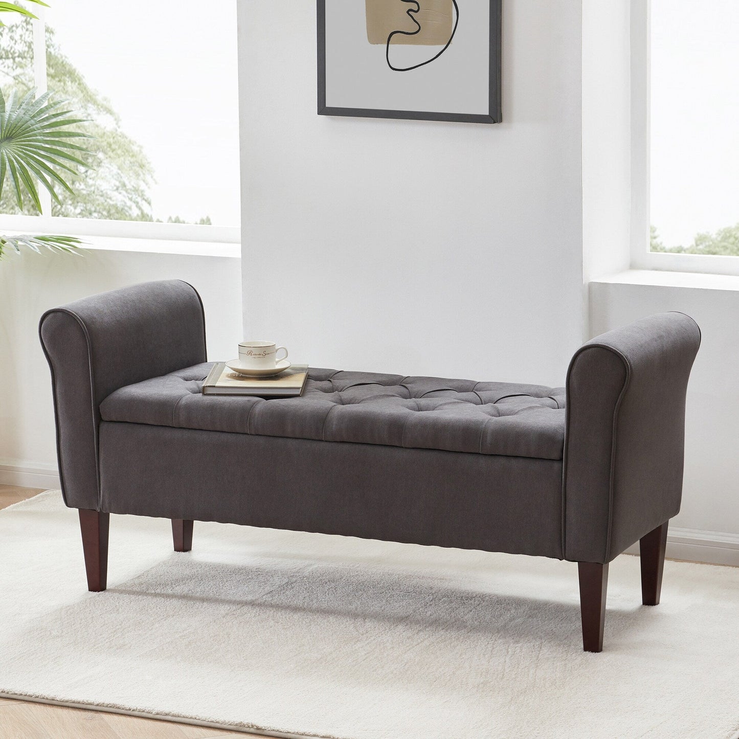 Banc de rangement capitonné, banc avec accoudoirs, banc d'entrée avec couvercle rabattable, 50,4 pouces.