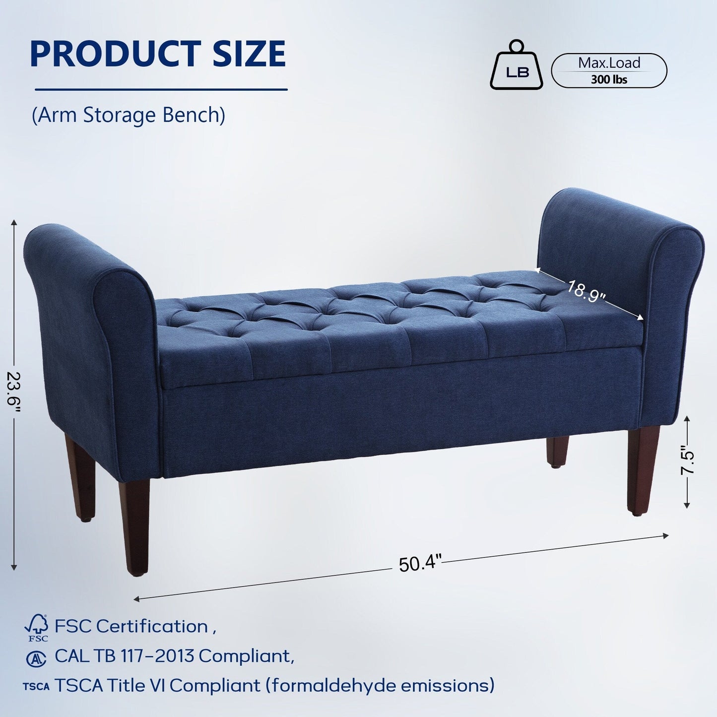 Banc de rangement capitonné, banc avec accoudoirs, banc d'entrée avec couvercle rabattable, 50,4 pouces.