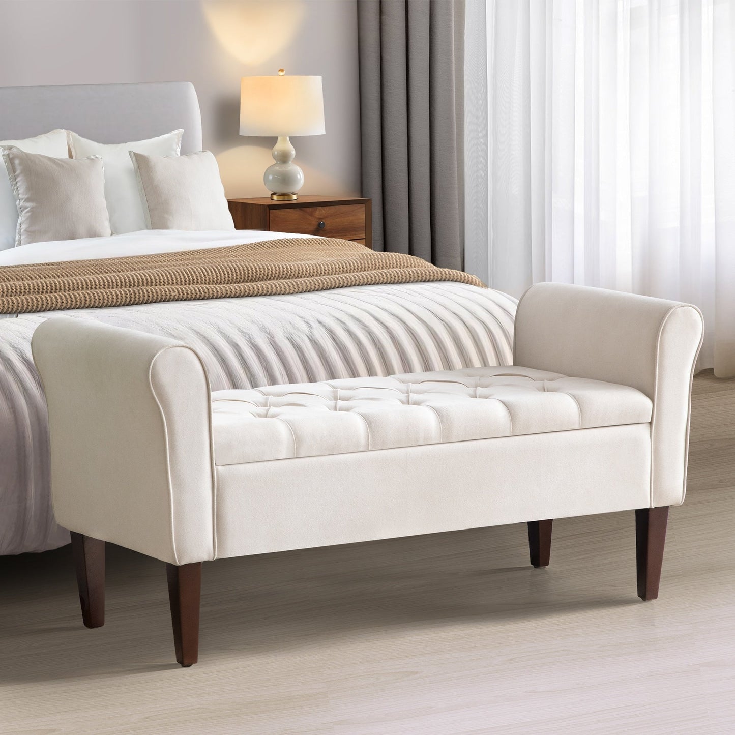 Banc de rangement capitonné, banc avec accoudoirs, banc d'entrée avec couvercle rabattable, 50,4 pouces.
