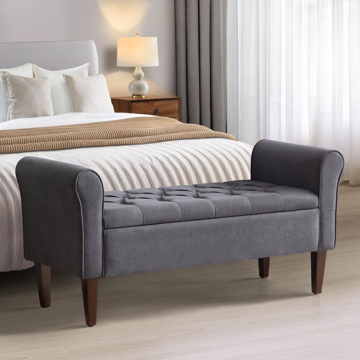 Banc de rangement capitonné, banc avec accoudoirs, banc d'entrée avec couvercle rabattable, 50,4 pouces.