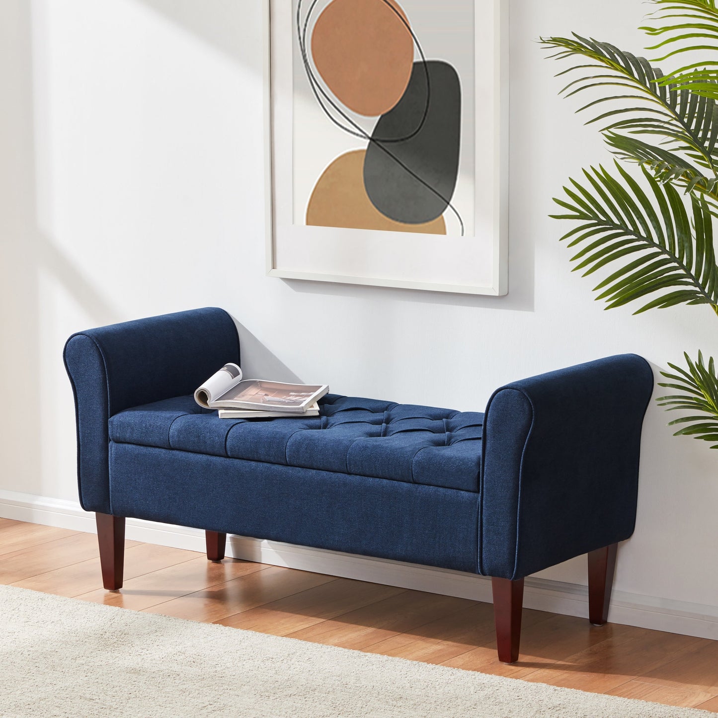 Banc de rangement capitonné, banc avec accoudoirs, banc d'entrée avec couvercle rabattable, 50,4 pouces.