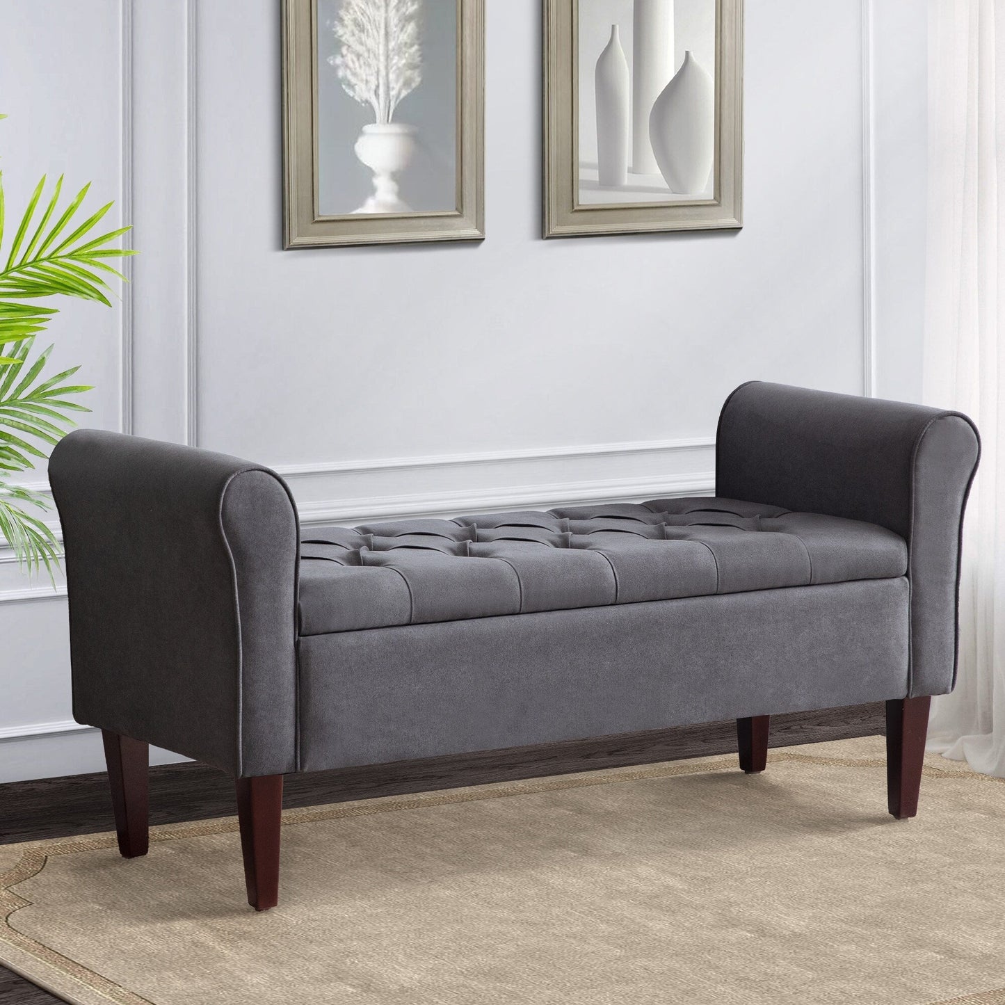 Banc de rangement capitonné, banc avec accoudoirs, banc d'entrée avec couvercle rabattable, 50,4 pouces.