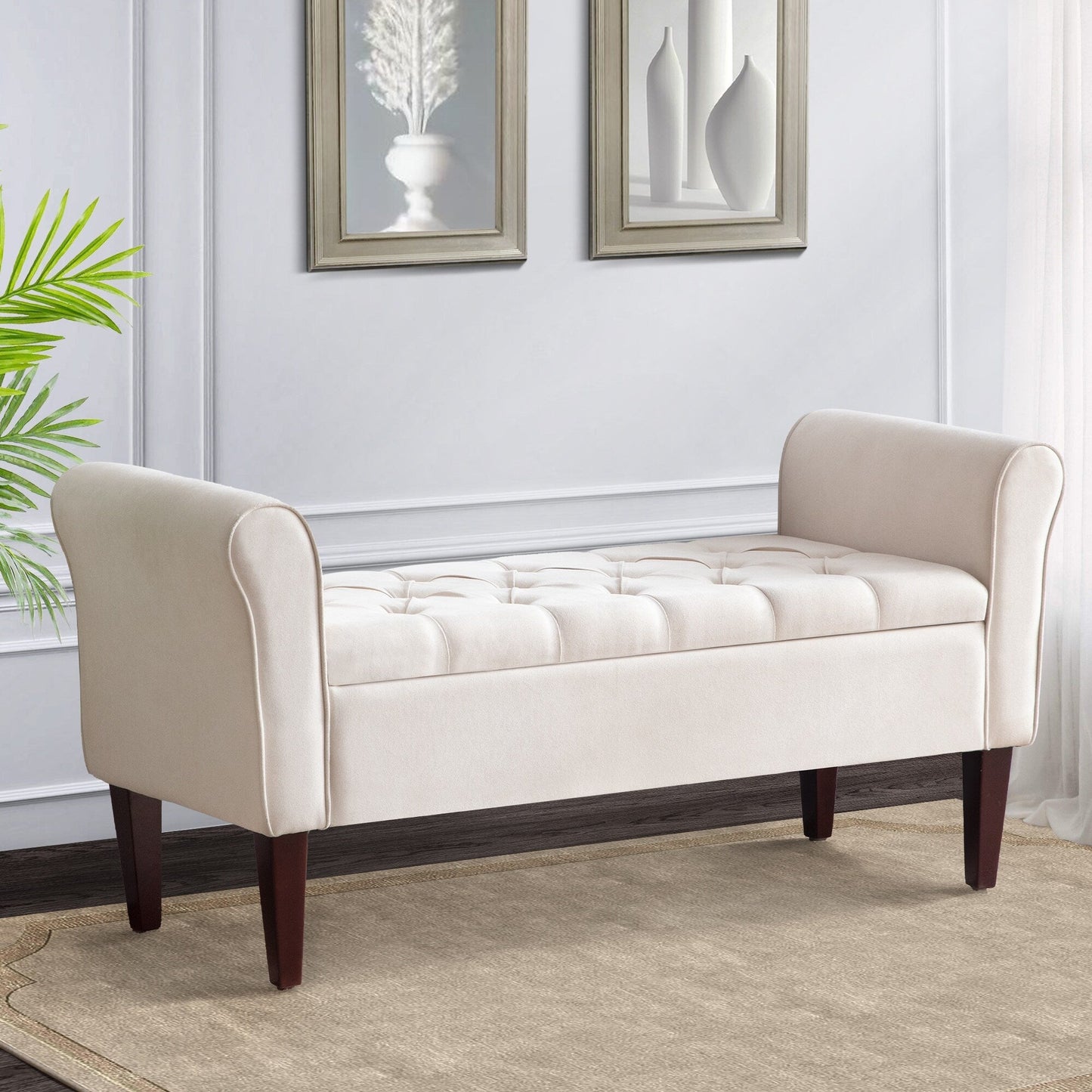 Banc de rangement capitonné, banc avec accoudoirs, banc d'entrée avec couvercle rabattable, 50,4 pouces.