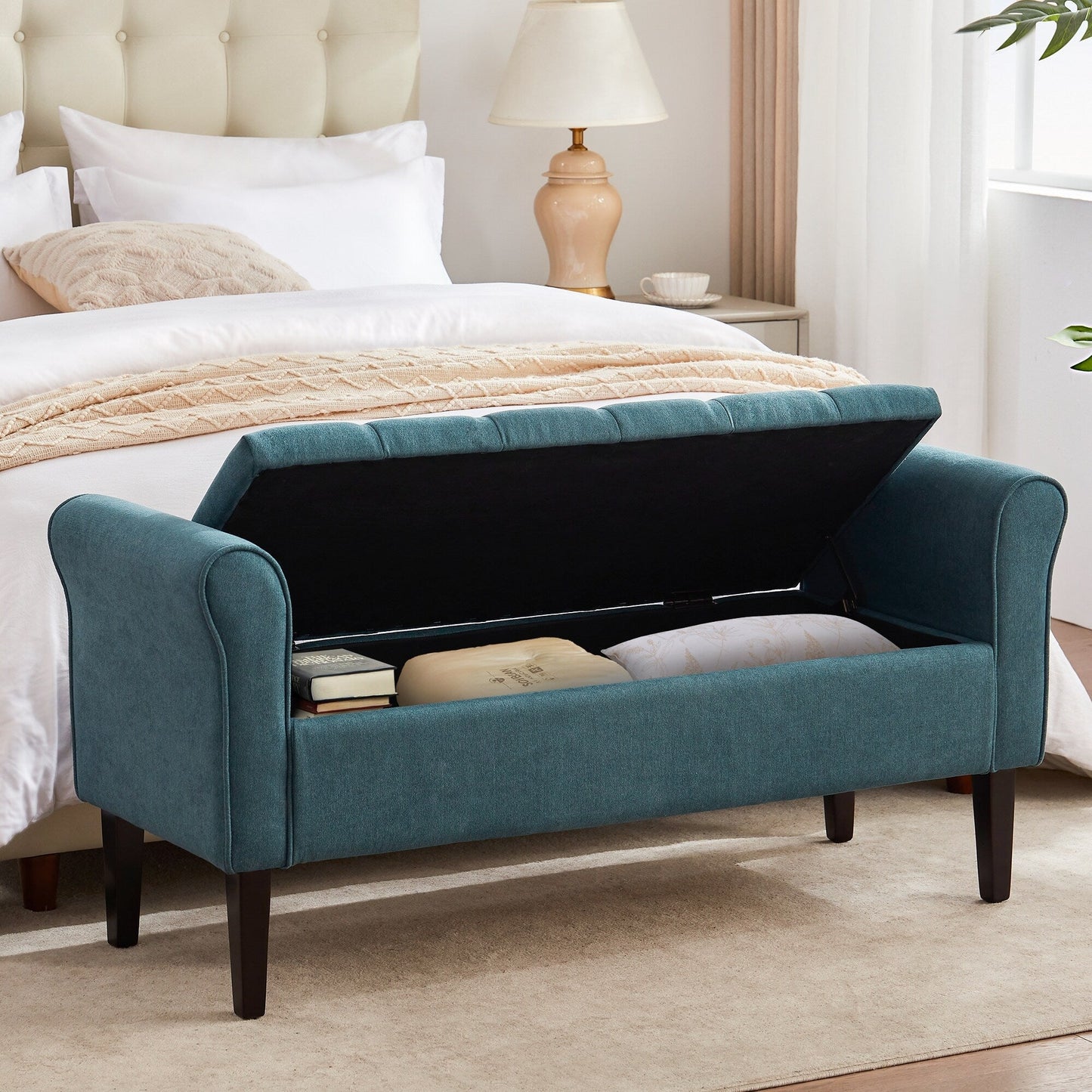 Banc de rangement capitonné, banc avec accoudoirs, banc d'entrée avec couvercle rabattable, 50,4 pouces.