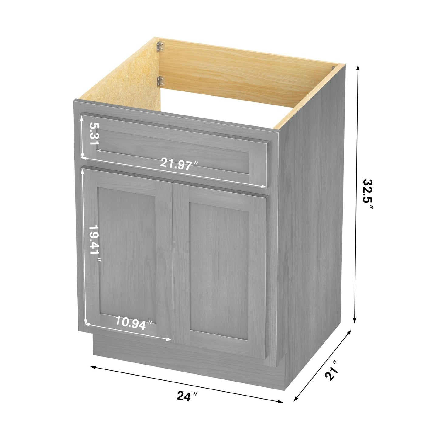 Meuble-lavabo de salle de bain Vanity Art en bois massif, 60 cm (24 pouces), avec lavabo simple.