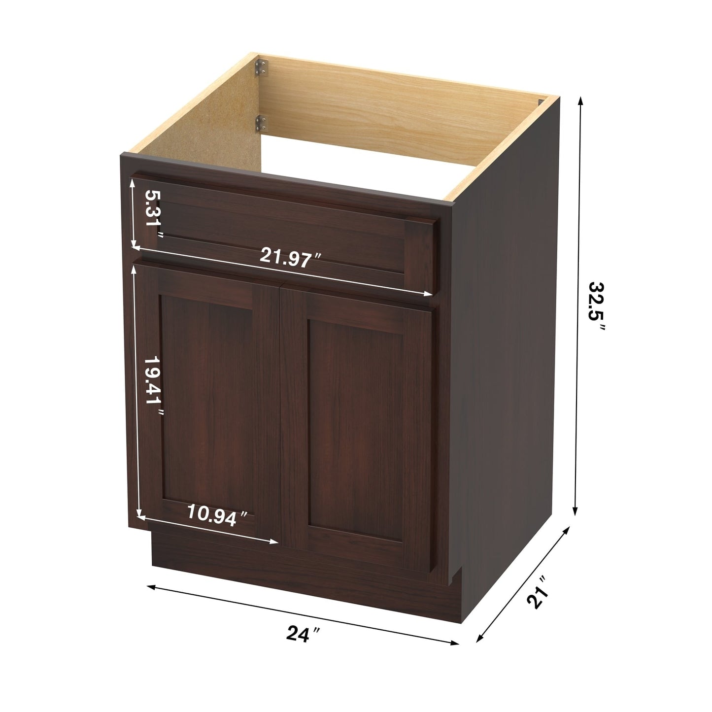 Meuble-lavabo de salle de bain Vanity Art en bois massif, 60 cm (24 pouces), avec lavabo simple.