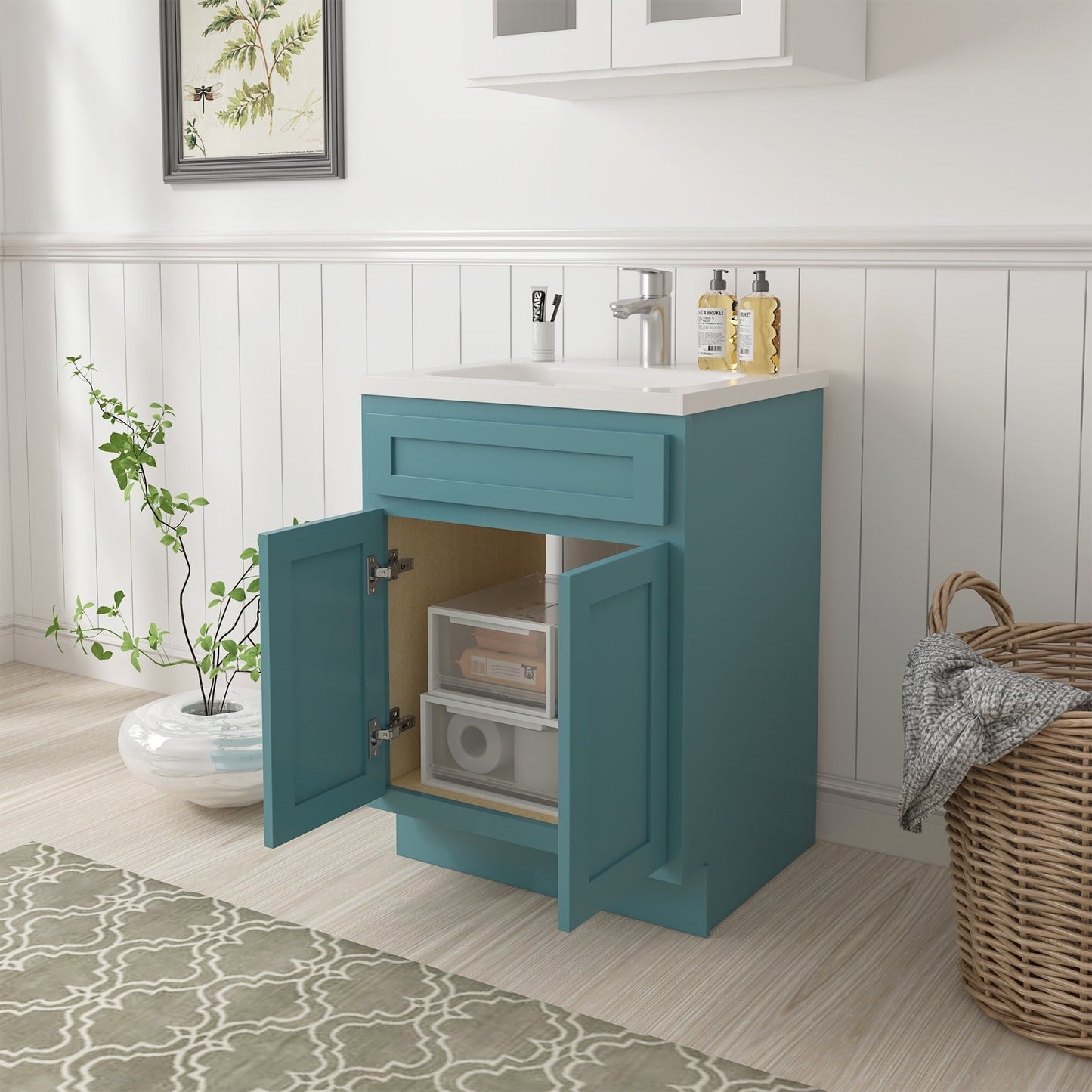 Meuble-lavabo de salle de bain Vanity Art en bois massif, 60 cm (24 pouces), avec lavabo simple.