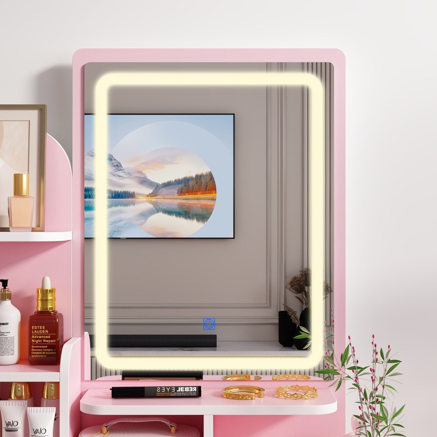 Coiffeuse avec miroir et lampe, table de maquillage et de coiffure avec tabouret.