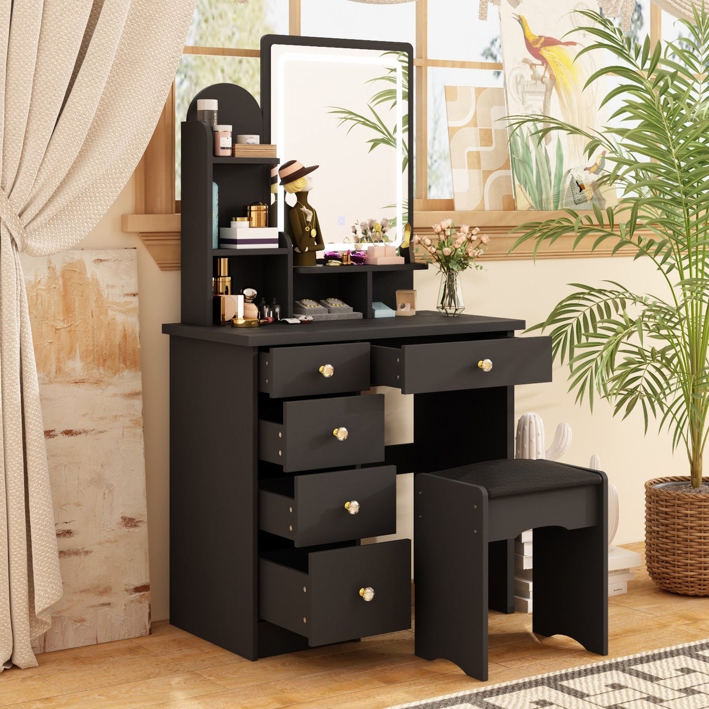 Coiffeuse avec miroir et lampe, table de maquillage et de coiffure avec tabouret.