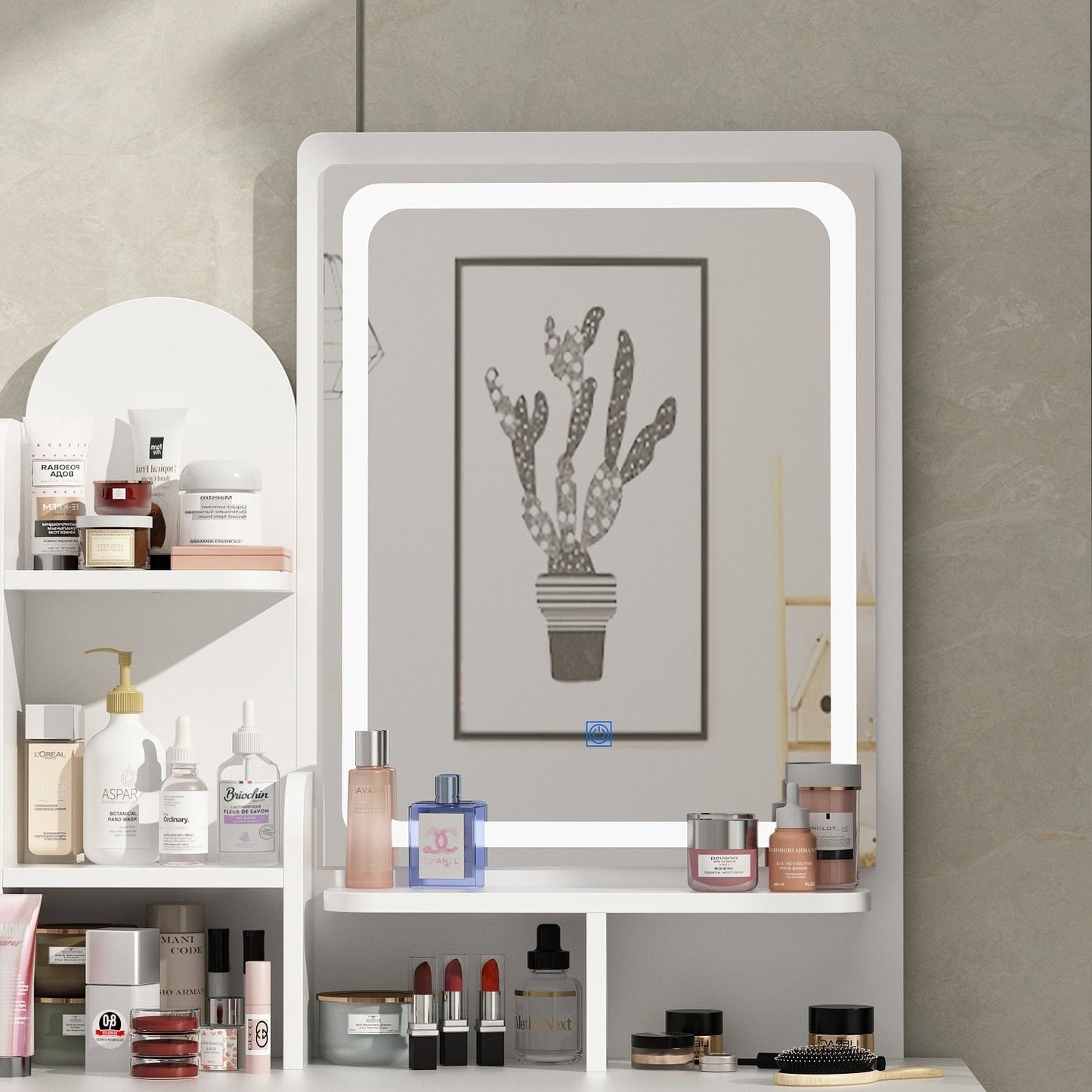 Coiffeuse avec miroir et lampe, table de maquillage et de coiffure avec tabouret.