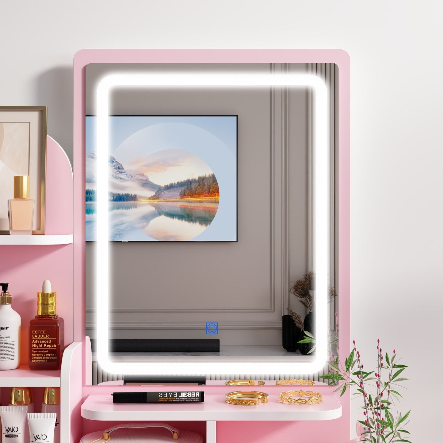 Coiffeuse avec miroir et lampe, table de maquillage et de coiffure avec tabouret.