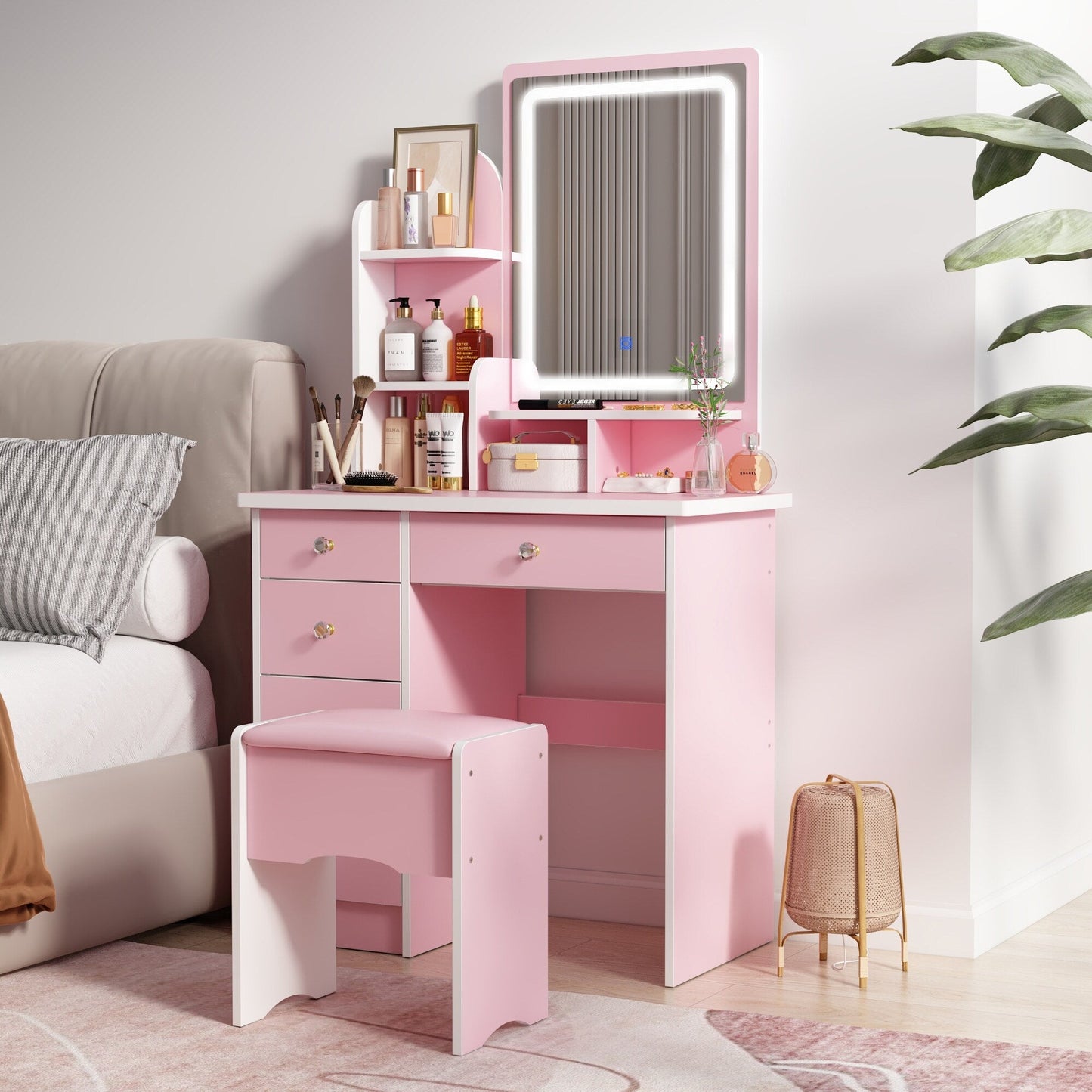 Coiffeuse avec miroir et lampe, table de maquillage et de coiffure avec tabouret.