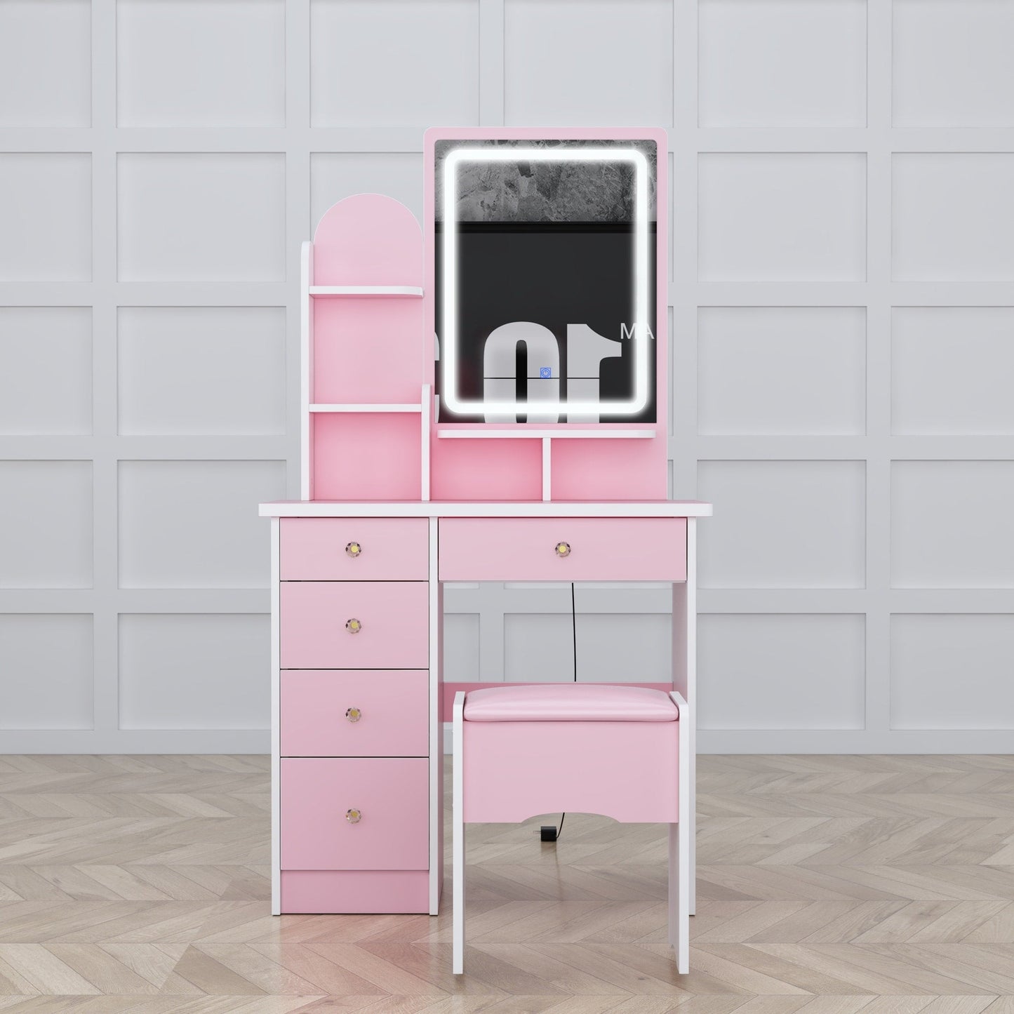 Coiffeuse avec miroir et lampe, table de maquillage et de coiffure avec tabouret.
