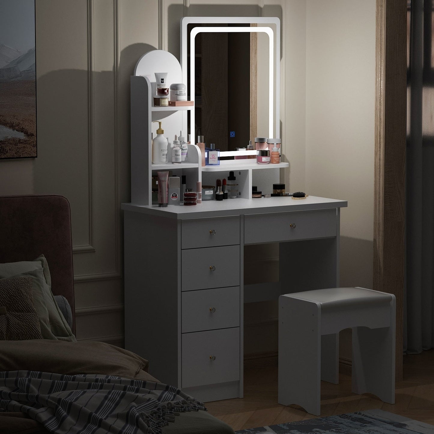 Coiffeuse avec miroir et lampe, table de maquillage et de coiffure avec tabouret.