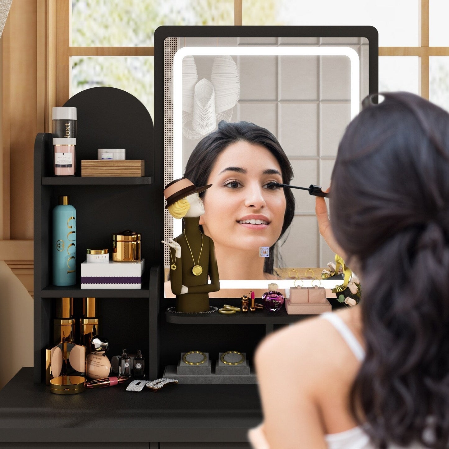 Coiffeuse avec miroir et lampe, table de maquillage et de coiffure avec tabouret.