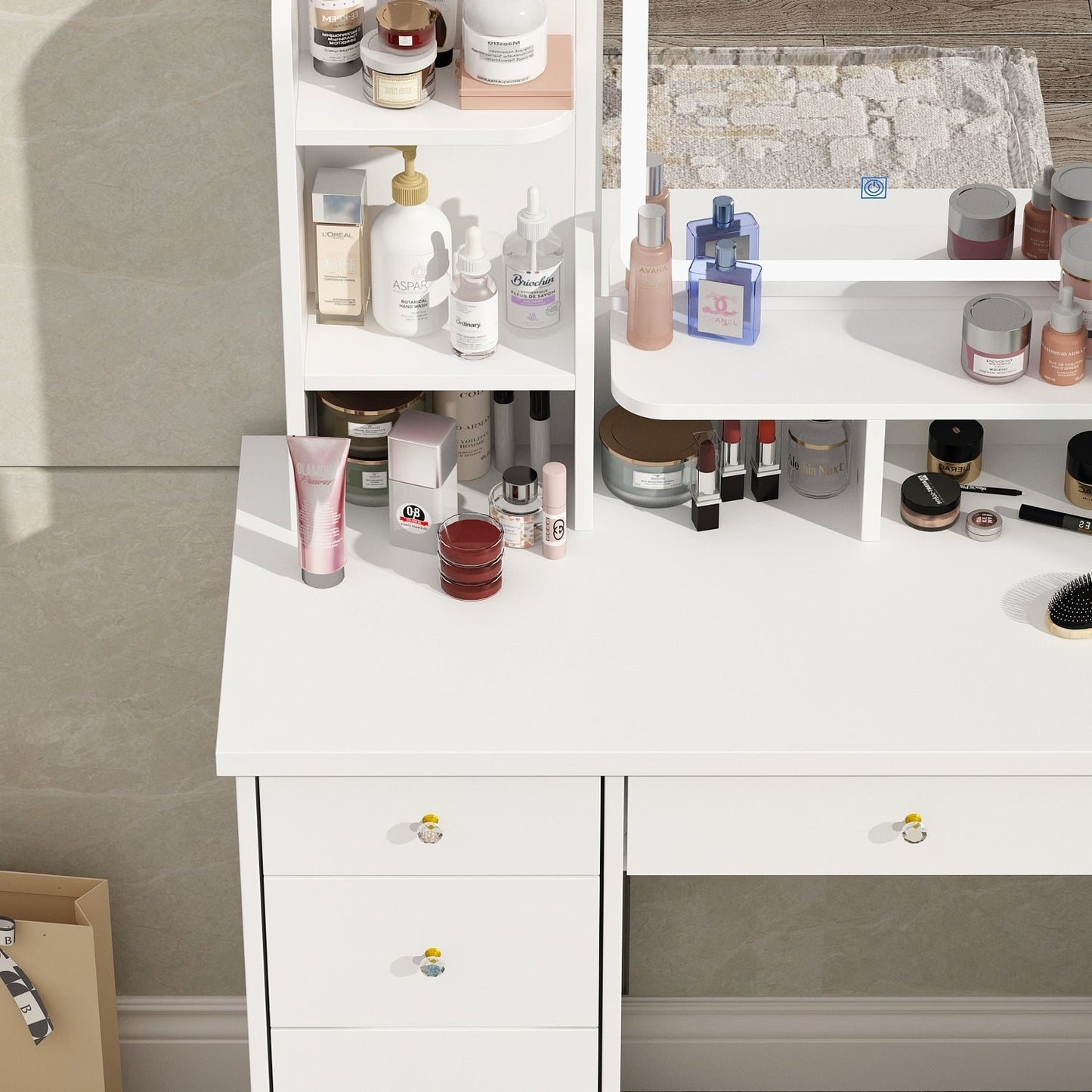 Coiffeuse avec miroir et lampe, table de maquillage et de coiffure avec tabouret.