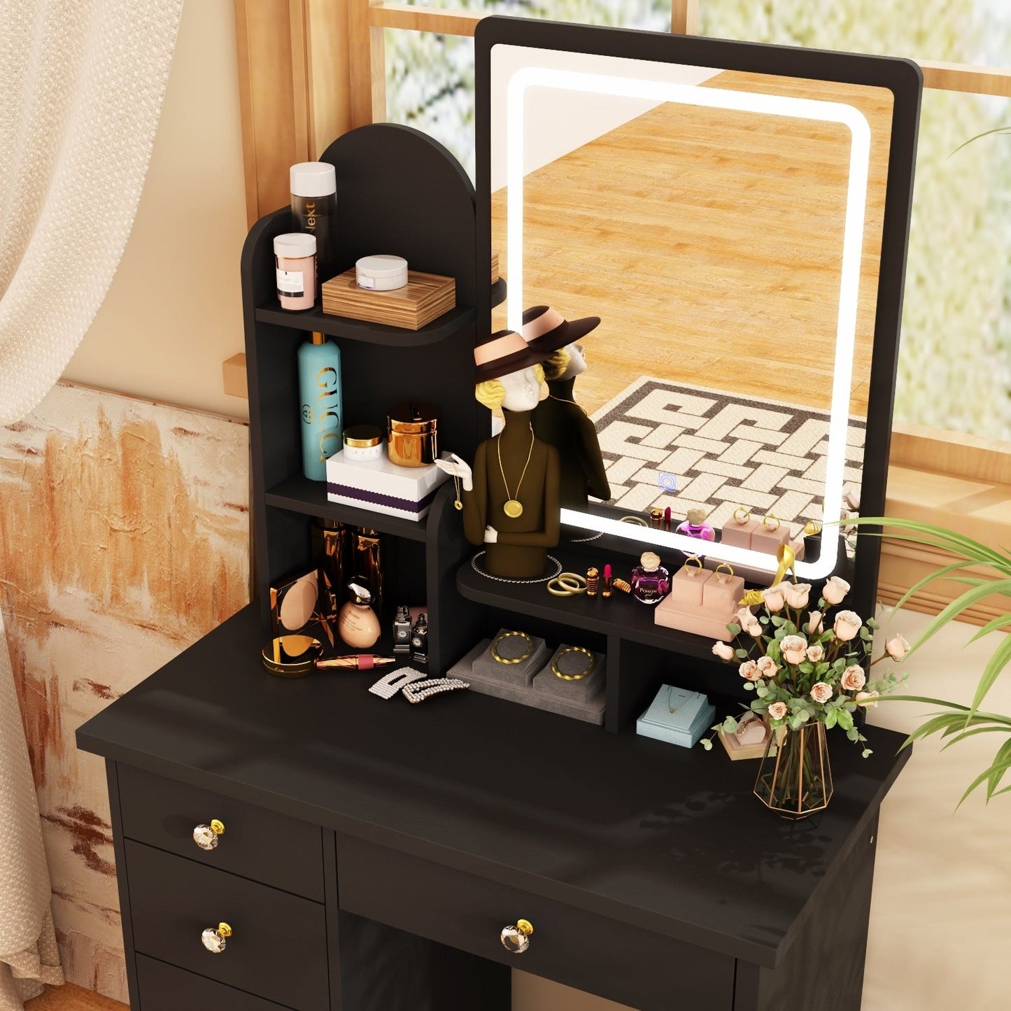 Coiffeuse avec miroir et lampe, table de maquillage et de coiffure avec tabouret.