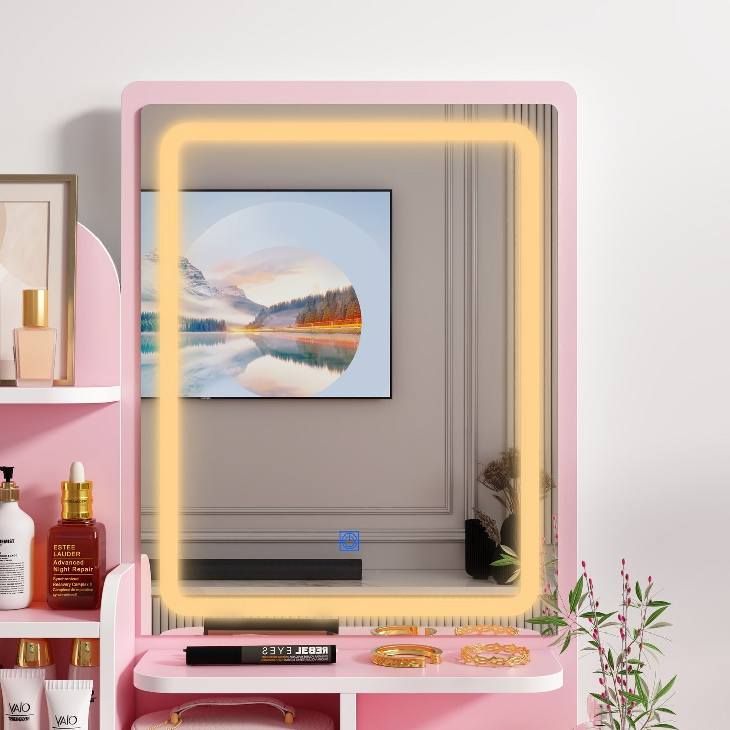 Coiffeuse avec miroir et lampe, table de maquillage et de coiffure avec tabouret.