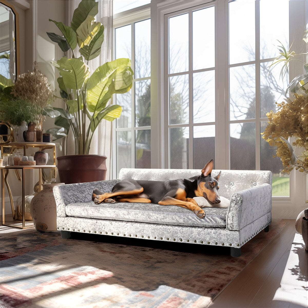 Couchon pour animal de compagnie en velours capitonné, recouvert de velours et doté d'un coussin amovible.