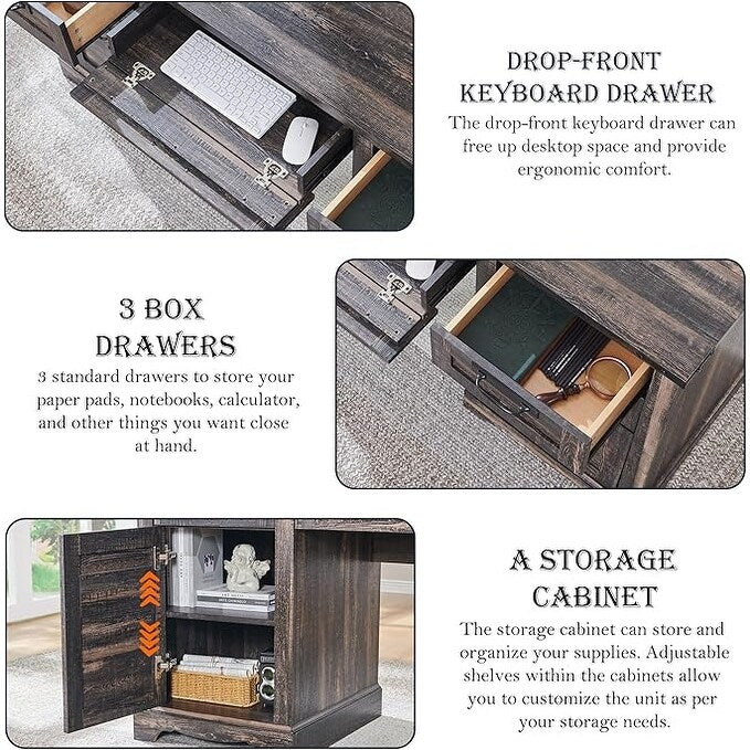 Bureau de direction de style farmhouse de 60 pouces, bureau de travail en bois pour la maison, bureau d'ordinateur