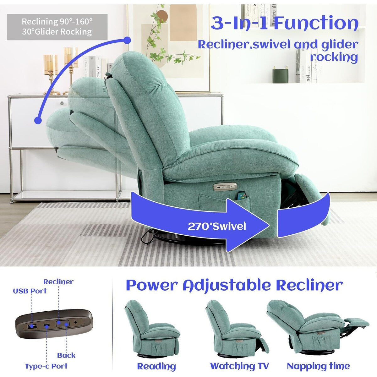 Fauteuil inclinable pivotant XINMICS, fauteuil inclinable oscillant massant avec chauffage, USB, USB-C et poche latérale