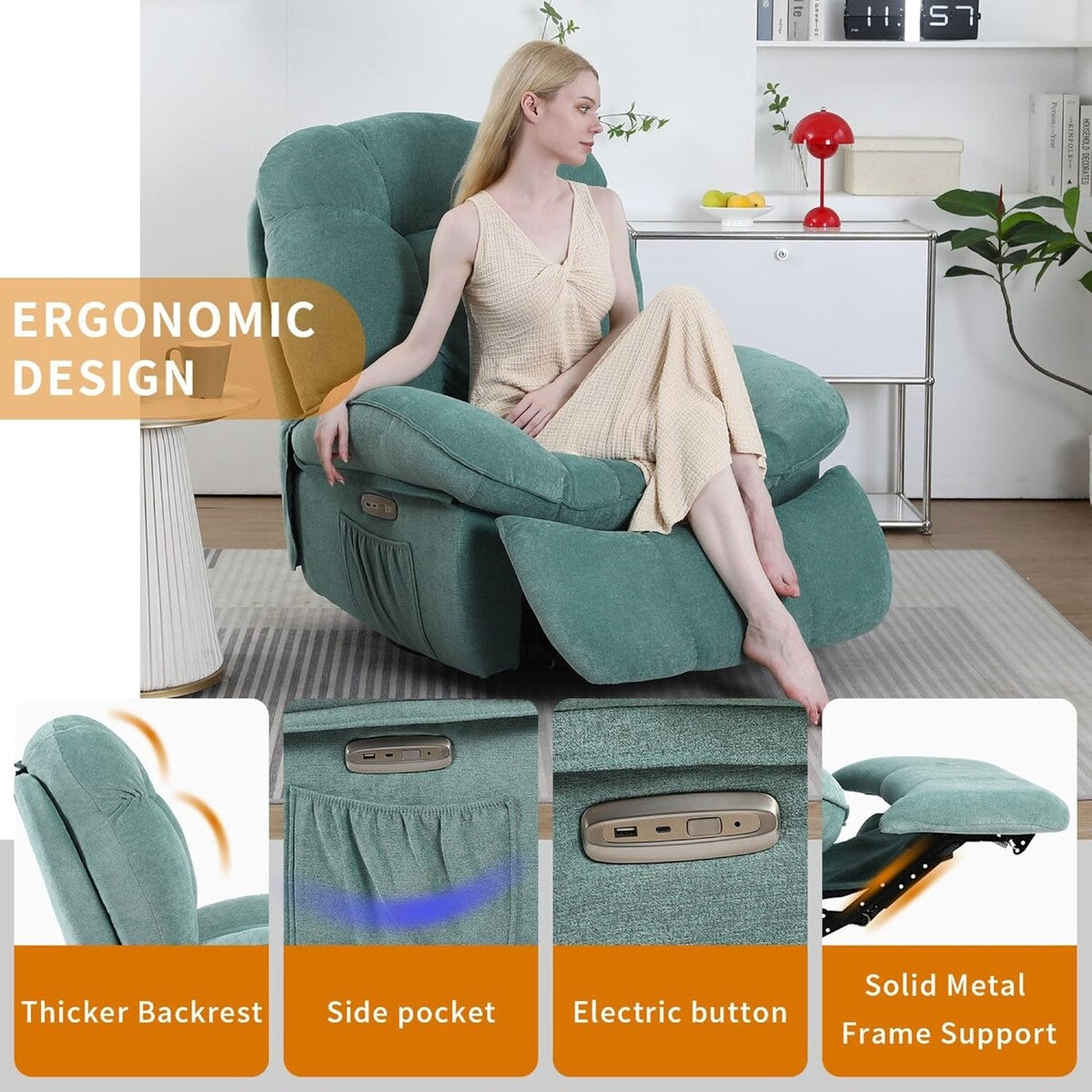Fauteuil inclinable pivotant XINMICS, fauteuil inclinable oscillant massant avec chauffage, USB, USB-C et poche latérale