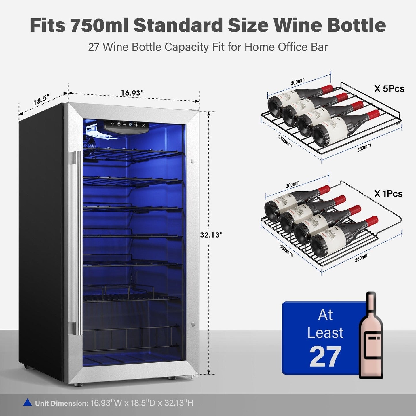Yeego Réfrigérateur à vin mini-bar autoportant à 1 zone et 27 bouteilles de 17 pouces - 16,9 pouces