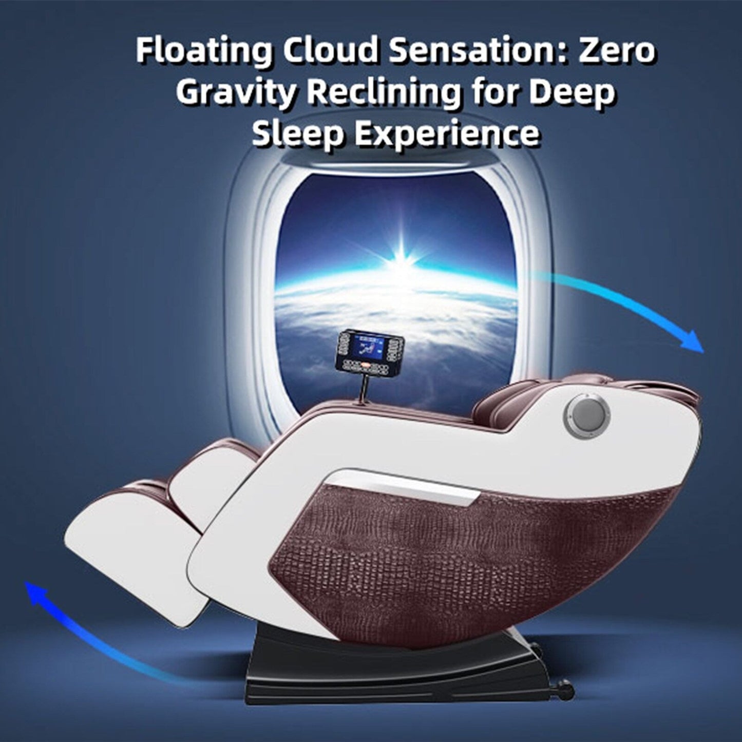 Fauteuil de massage inclinable à gravité zéro avec massage corporel complet, chauffage et audio Bluetooth intégré.