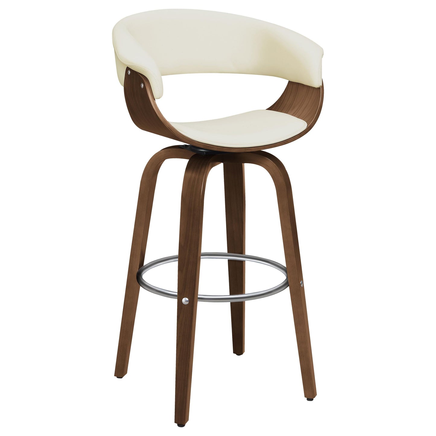 Tabouret de bar pivotant et rembourré Zion, couleur noyer et écru.