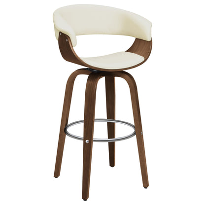 Tabouret de bar pivotant et rembourré Zion, couleur noyer et écru.